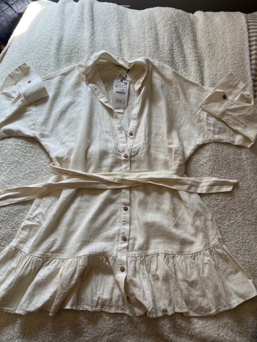 Zara White Button-Front Shirt Dress with Waist Tie